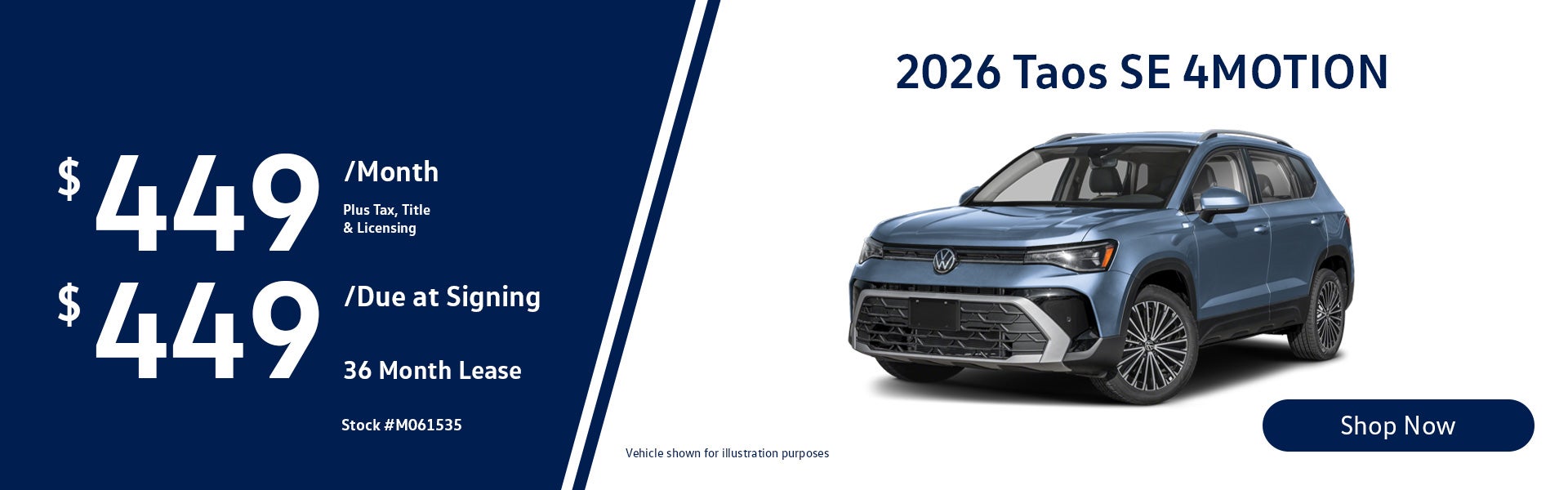 2026 Volkswagen Taos SE 4MOTION Lease from $449/mo, $449 due