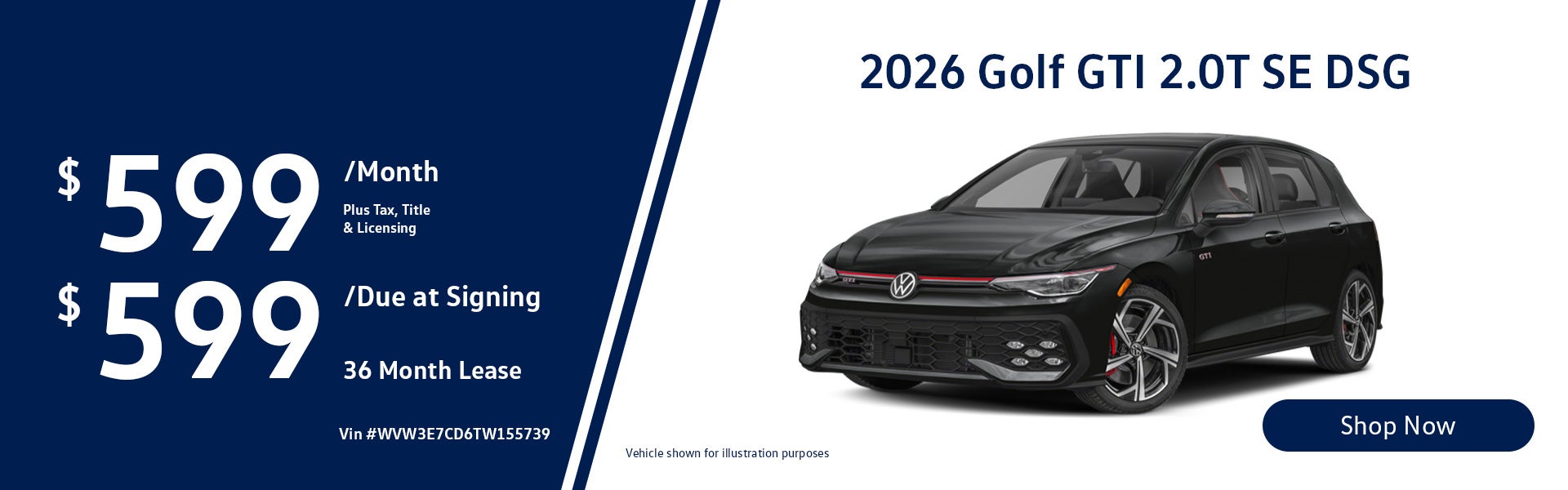 2026 Volkswagen Golf GTI 2.0T SE DSG Lease from $599/mo, $59